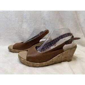 CROCS A-Leigh Brown Leather Slingback Strap Cork Wedge Sandals Size 10